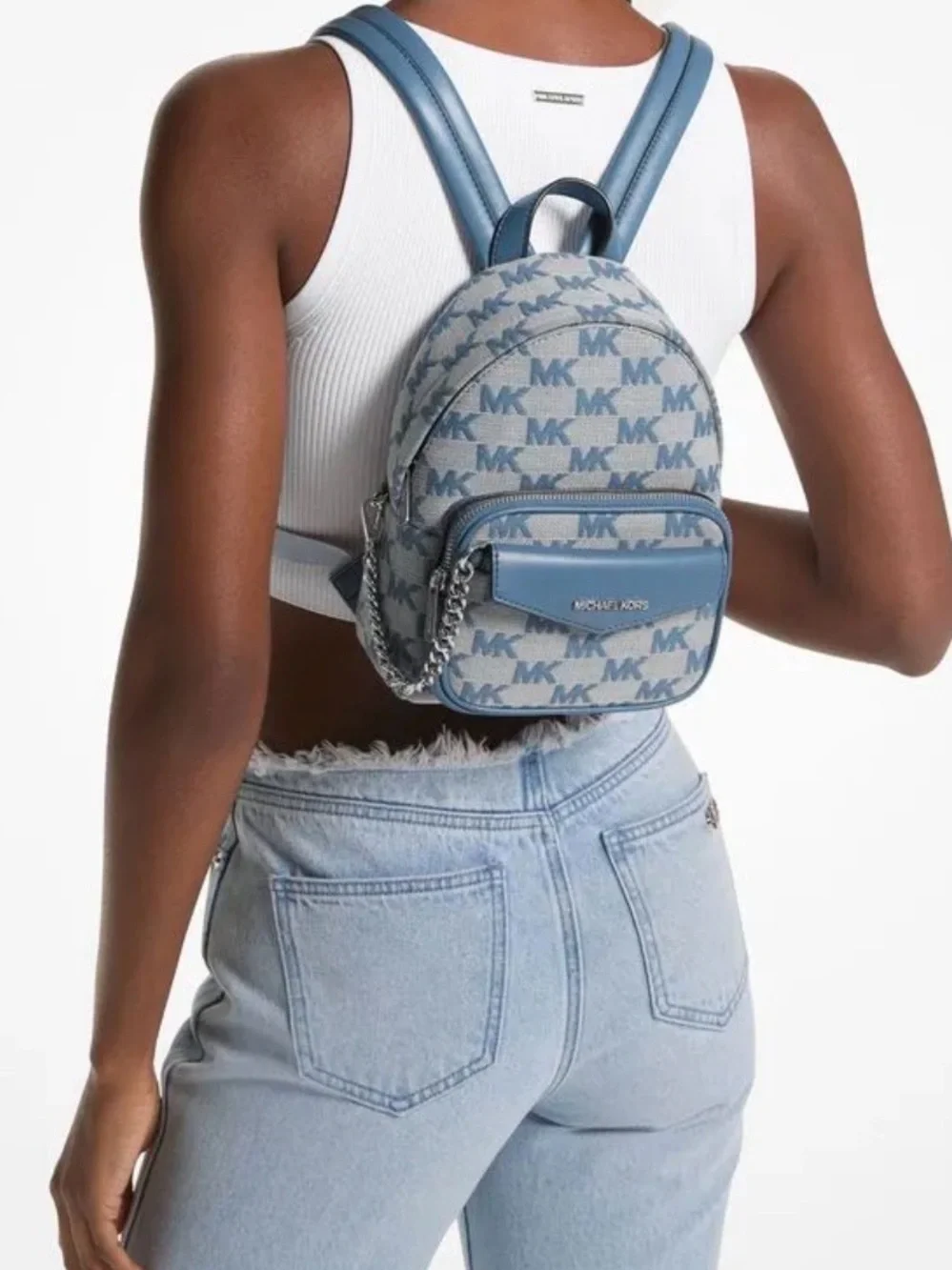 Michael Kors Light Blue MK Jacquard Mini Backpack with Card Pouch